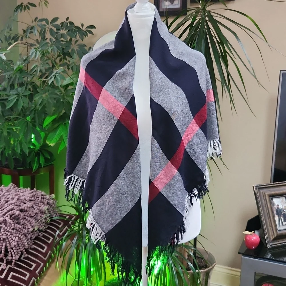 Burberry Tricolor Dark Navy Red White Fringe Scarf Shawl Square